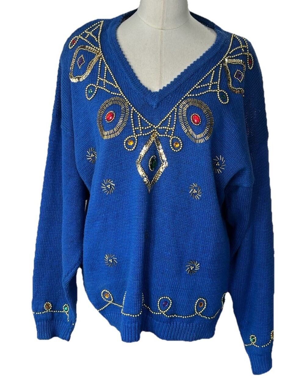 Vintage 80s Celina Yang Beaded Sweater Royal Blue Sequin V Neck Womens M